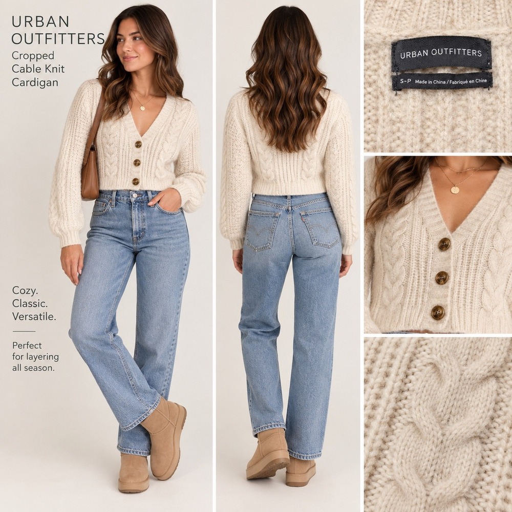 Urban Outfitters Women S Cream Cropped Cable Knit Alpaca Blend Cardigan